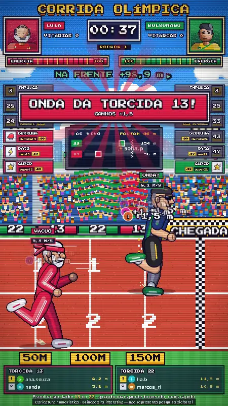 Tela da Corrida Olímpica: dois atletas em pixel art correndo na pista com a torcida ao fundo